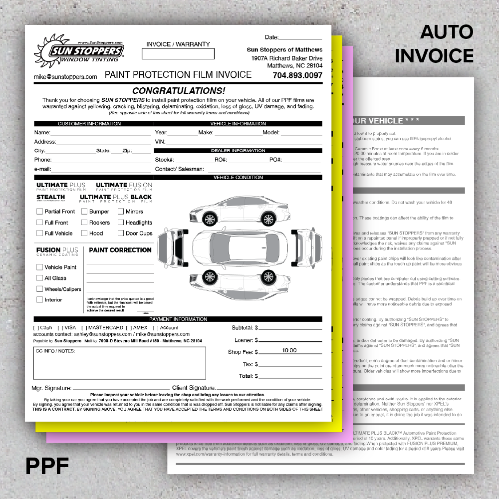 Automotive Invoices | Sun Stoppers Dealer Store